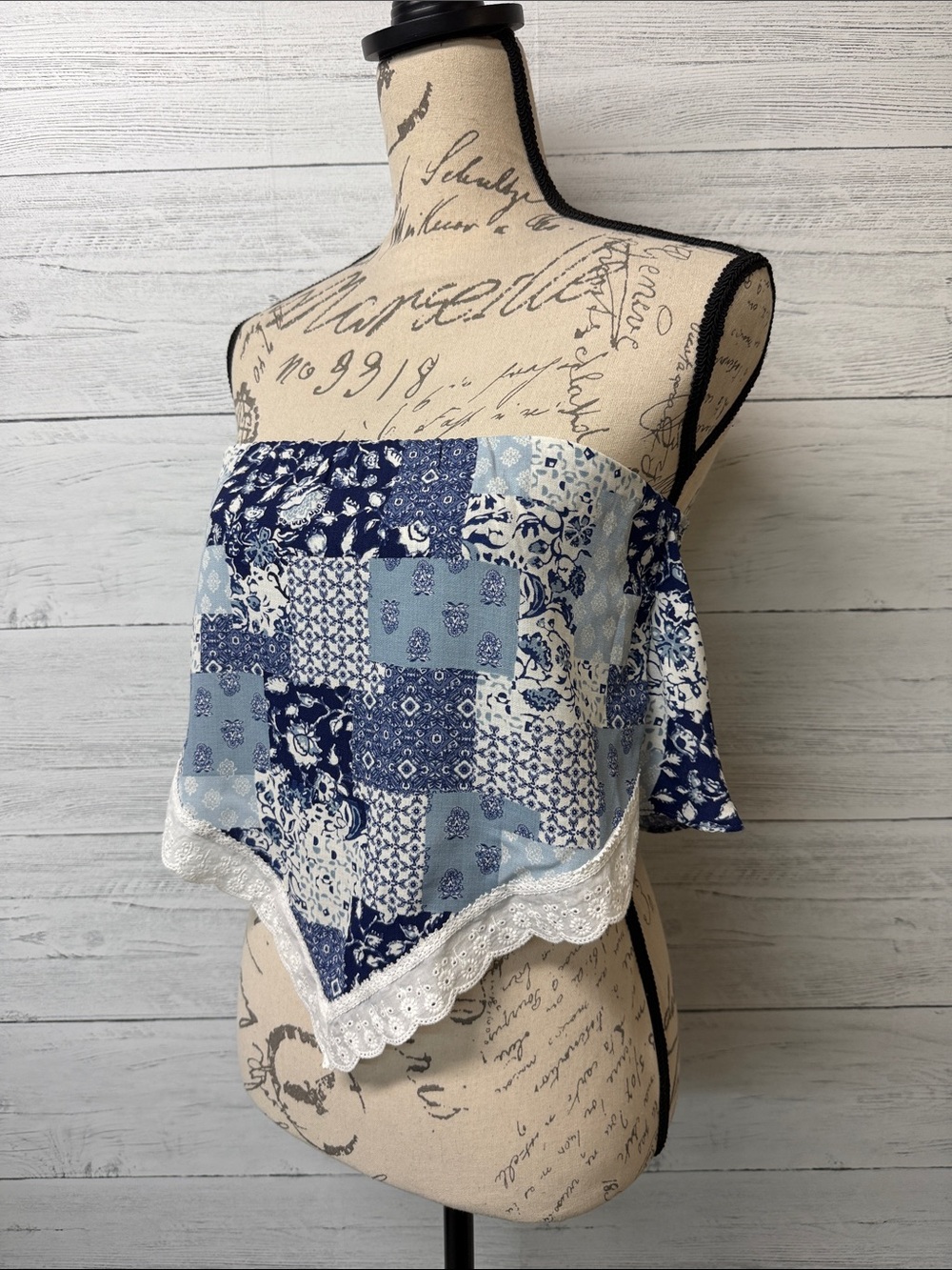 NWT Blue Patchwork Lace-Hem Strapless Women's Top